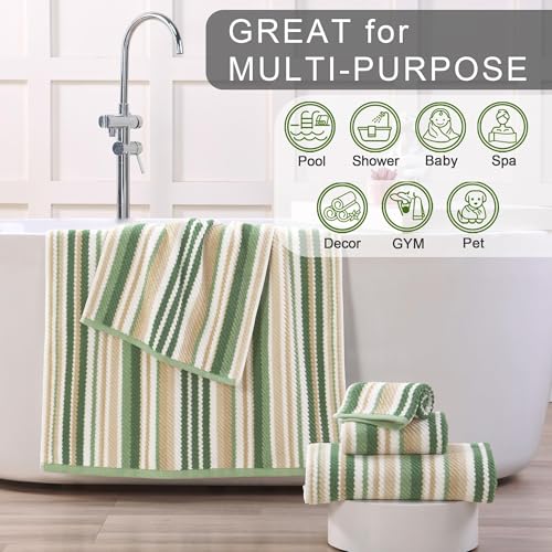 VOOVA & MOVAS Striped Towels 6 Pack, 100% Cotton, Sage Green - color: Sage + Green + Beige Striped, size: 6 PCS Bathroom Towels