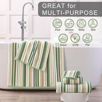 VOOVA & MOVAS Striped Towels 6 Pack, 100% Cotton, Sage Green - color: Sage + Green + Beige Striped, size: 6 PCS Bathroom Towels