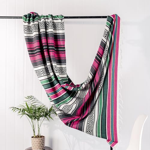 Mexican Blanket Throw with Tassels, 69 x 51 Inches Large Woven Serape Blanket, Boho Striped Picnic Yoga Beach Blanket, Soft Durable Tribal Falsa Blanket for Couch Outdoor Travel - Rose-Blue - color: Rose-blue