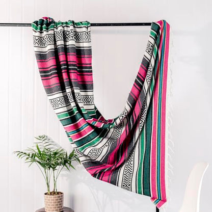 Mexican Blanket Throw with Tassels, 69 x 51 Inches Large Woven Serape Blanket, Boho Striped Picnic Yoga Beach Blanket, Soft Durable Tribal Falsa Blanket for Couch Outdoor Travel - Rose-Blue - color: Rose-blue