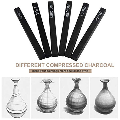 MyLifeUNIT 6 Pack Compressed Charcoal Sticks (2 Soft, 2 Medium and 2 Hard), 25 Pack Willow Sketch Charcoal Sticks(7-9 MM Dia)