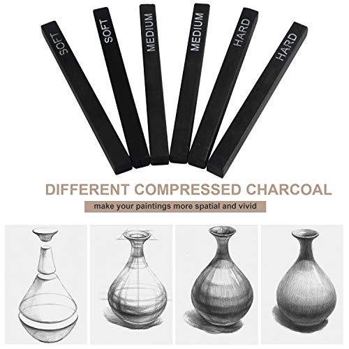 MyLifeUNIT 6 Pack Compressed Charcoal Sticks (2 Soft, 2 Medium and 2 Hard), 48 PCS Willow Charcoal Pencils for Artists Drawing