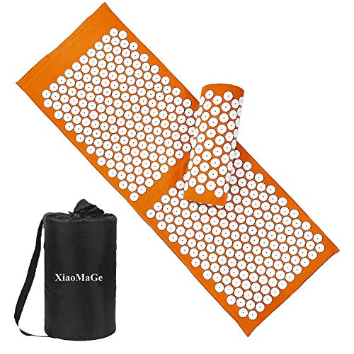 XiaoMaGe 47" Acupressure Mat and Pillow Set with Carry Bag (Orange) | Large acupuncture mat for neck & back pain relief, muscle relaxation, circulation support, and post-workout recovery - color: Orange-large