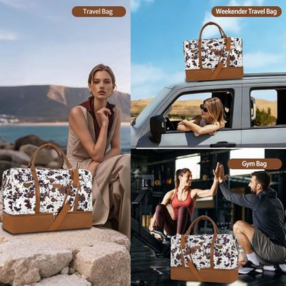 Weekender Bag, Large Travel Duffel Bag for Women, Carry on Overnight Bag with Shoe Compartment and Toiletry Bags - color: C-3PCS Black Brown Cow