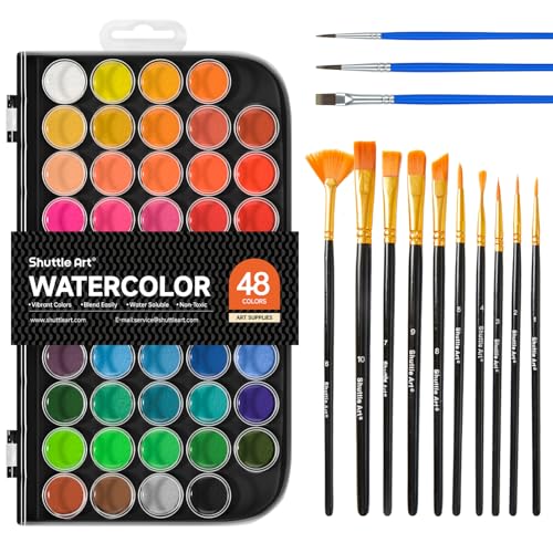 Shuttle Art 58 Pack Watercolor Paint Set, 48 Colors Watercolor Pan with 10 Paint Brushes for Beginners, Artists, Kids & Adults to Water Color Paint, Bullet Journal, Calligraphy Practice - size: 11 Piece Set