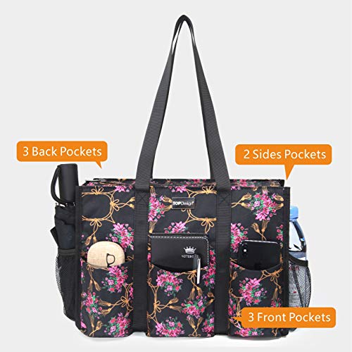TOPDesign Utility Water Resistant Tote Bag with 13 Pockets, Zipper Closure - color: Baroque Cloves, size: Medium