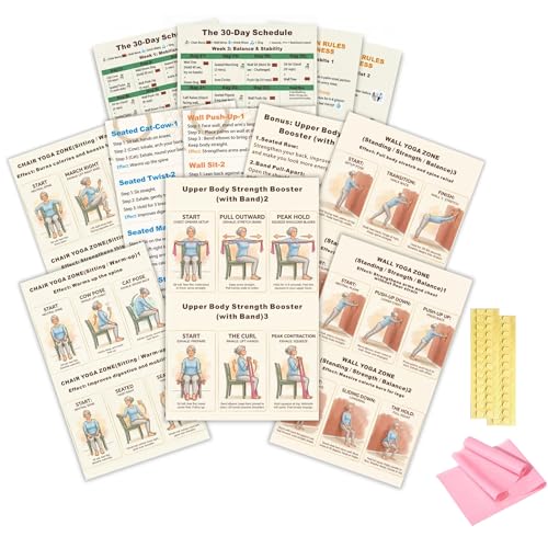 21-Piece Laminated Chair & Wall Yoga Poster Set for Seniors & Beginners – Eight 14"x22" Large Exercise Charts with 12-Month Writable Workout Log – Includes Resistance Band & Wall Adhesives – Low Impact Home Fitness