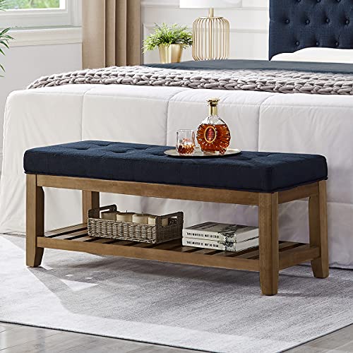 24KF Large Rectangular Upholstered Tufted Linen Fabric Ottoman Bench, Padded Bench with Solid Wood Shelf-Navy Blue - color: Navy Blue-bench, size: 15.8"D x 44"W x 18"H