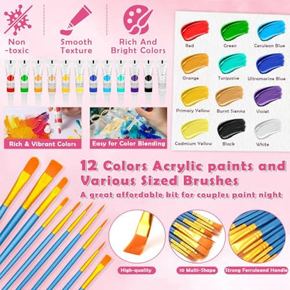 Canvas Painting Kit, 108Pcs Sip and Paint Kit for Adults Couples Date Night | 8x10 Inch Canvas with Easel Stands, Small Paint Brushes, Acrylic Paints Set Paint Party Supplies, Valentines Day Painting Kit
