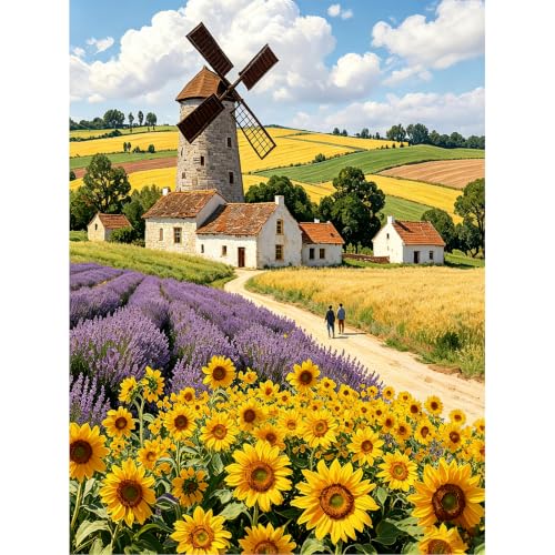 Sunflowers Windmill 5D Diamond Art Kit for Adults Full Drill Canvas | 12x16 inch canvas, complete diamond tool set, DIY wall decor, relaxing craft, windmill sunflowers scene - color: QD152