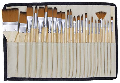 24 Pcs Artist Paint Brush Set with Free Carry Pouch for Watercolor, Acrylic, Oil and All Media, Suitable for Canvas, Paper, Ceramic, Golden Nylon Hair, Wood Handles JQ-B24