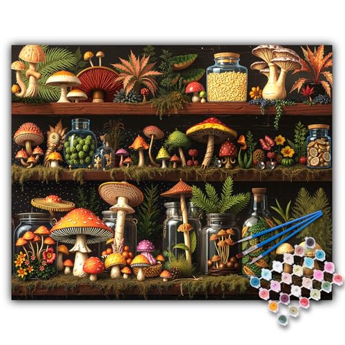 Paint by Numbers Kit for Adults, Mushroom DIY Acrylic Canvas Painting Set | 16x20 Inch, Shelf Number Painting Craft Kit for Adults Beginners, Home Wall Decor, Stress Relief Relaxing Hobby Gift - color: BOP1PNP02