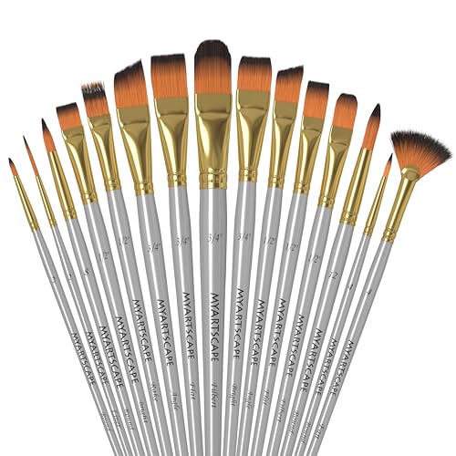 MyArtscape Paint Brush Set - 15 Short Handle Taklon Artist Brushes | 15 Taklon paint brushes for watercolor acrylic oil gouache and face painting with short handles for precision
