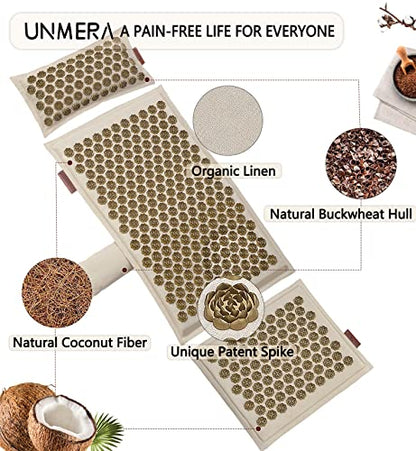 UNMERA Acupressure Mat and Pillow Set,Natural Linen & Coconut Fiber Filling | Back/Neck Pain Relief, Sciatic, Headache and Muscle Relaxation, Comes with Carrying Bag - color: Linen Original