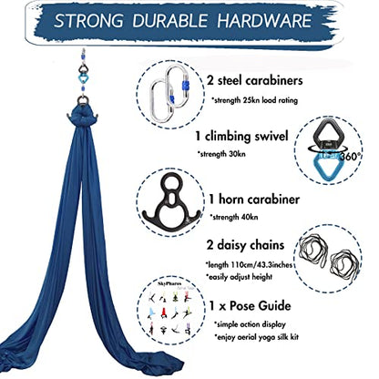 Aerial Silks Yoga Swing Set, Fitness Aerial Yoga Kit | Anti-Gravity Flight Aerial Yoga Hammock Kit; Low/Non Stretch Nylon Tricot Fabric; For Fitness & Dance; Hardware Included - color: Navy