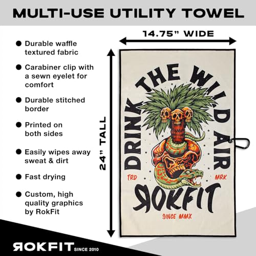 RokFit Gym & Golf Towel – Multi-Use, Quick-Dry, Durable Utility Towel with Bold Graphic and Carabiner Clip (Drink The Wild Air) - color: Drink the Wild Air