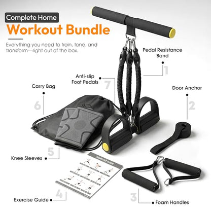 Pedal Resistance Band with Handles for Men Women & Seniors + Knee Sleeves | 3-tube adjustable 25-75lb resistance band, heavy duty built to last, door anchor included, portable set for home and outdoors