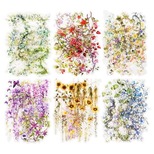 120 Pcs Floral Vine Stickers for Scrapbooking and Journaling | PET material with cascading flowers and vines for junk journals, collage, planners, card making and DIY crafts - color: Climbing Blooms