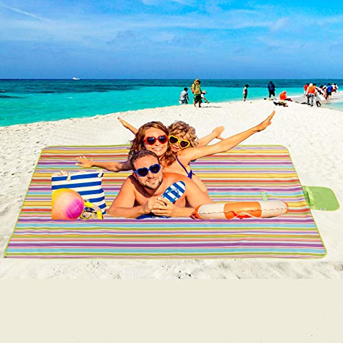 Beach Blanket Extra Large Picnic Blanket Outdoor Blanket Waterproof Sand Free Oversized Camping Mat Foldable Portable Handy Tote for Travel Sports Home Yoga Park Grass Lawn, 79"x57" - color: Colorful Line