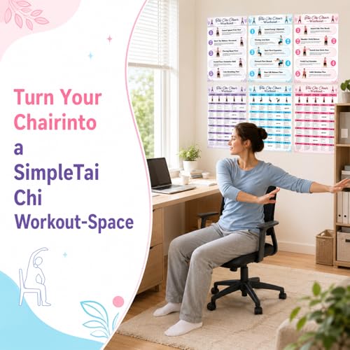 Tai Chi Chair Workout Chart Poster Set,6 Laminated Exercise Charts,30-Day Seated Tai Chi Routine