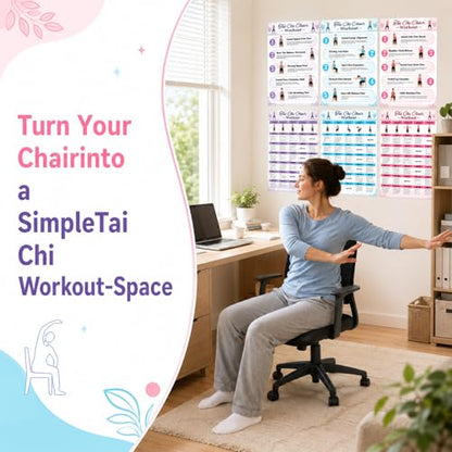 Tai Chi Chair Workout Chart Poster Set,6 Laminated Exercise Charts,30-Day Seated Tai Chi Routine