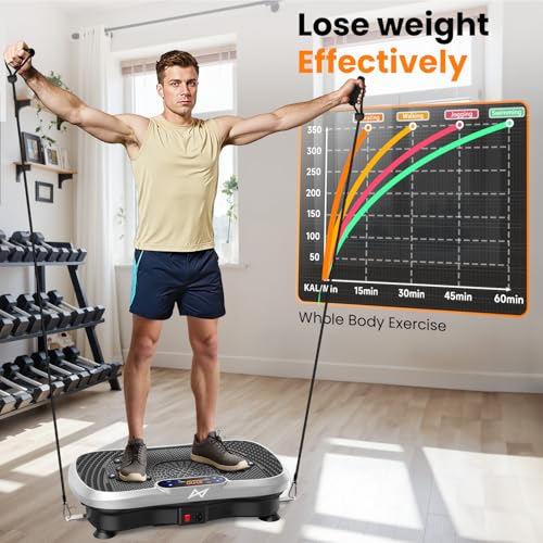 AXV Vibration Plate Fitness Platform Exercise Machine Body Vibrating Board | Curved Design Powerful 200W Bluetooth Oscillating Shake Plate for Lymphatic Drainage Recovery Whole Body Toning With Handles - color: BT.PRO.SILVER