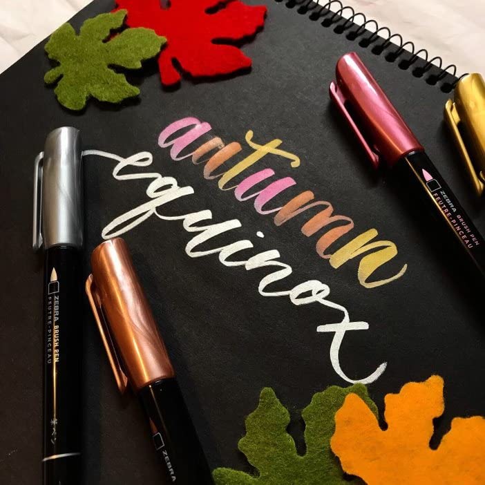 Zebra Pen, Metallic Brush Pens, Gold, Silver, and Rose Gold Ink, Medium Brush Tip Mimics Artist’s Paint Brush for Calligraphy and Lettering, Acid-Free Ink for Light and Dark Paper, 3-Pack (01603) | Acid-Free, Metallic Gold, Silver and Rose Gold Ink, Brush