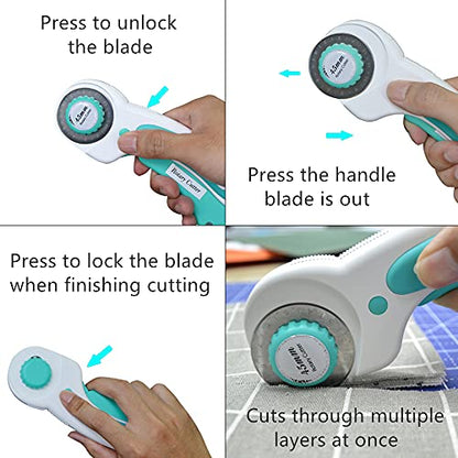 45mm Rotary Cutter with 9pcs Extra Rotary Blades, Ergonomic Rolling Cutter with Safety Lock for Fabric, Sewing, Quilting, Cloth, Paper, Leather, Crafting, Fabric Rotary Cutter (Cyan) - color: Cyan, size: 45mm