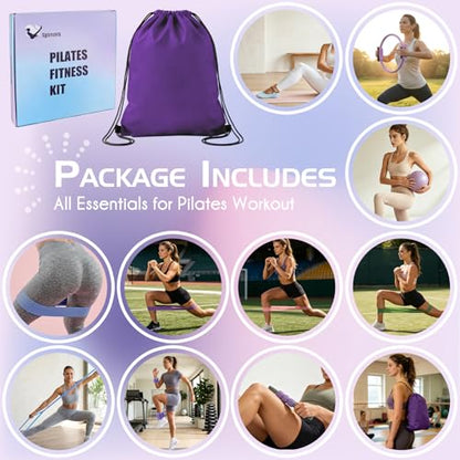 Pilates Ring Set: 35cm Magic Circle with Dual Padded Handles, Pilates Mini Ball, and Resistance Bands (15, 25, 35 lbs) for Strength, Flexibility, Stability, and Body Toning - color: Violet-13