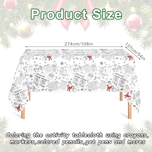 Whaline Christmas Coloring Tablecloth 54 x 108 Inch 6 Games Xmas Santa Claus Themed Color-in Paper Disposable Table Cover for Winter Holiday Birthday Party Supplies Set