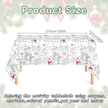 Whaline Christmas Coloring Tablecloth 54 x 108 Inch 6 Games Xmas Santa Claus Themed Color-in Paper Disposable Table Cover for Winter Holiday Birthday Party Supplies Set