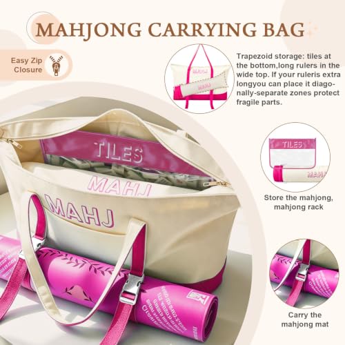 Mahjong Bag Storage Carrying Case for Tiles with Shoulder Strap (Rose Red) | 3-Bag System, External Mat Strap, Large Capacity, Lightweight Canvas, Reinforced Stitching, Fast Packing. - color: Rose Red