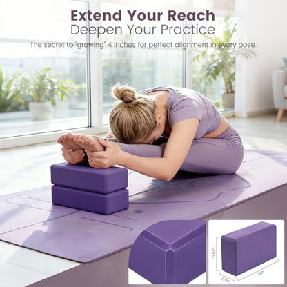 Foldable Non-Slip Yoga Mat and Blocks Set for Women, 9-Pcs Yoga Starter Kit - color: Purple
