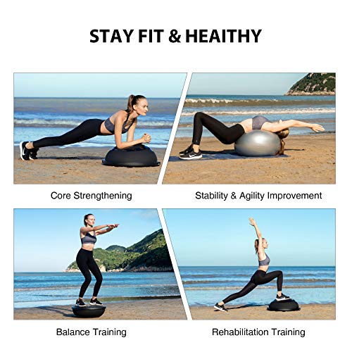 ZELUS 25in. Balance Ball | 660lb Inflatable Half Exercise Ball Wobble Board Balance Trainer w Nonslip Base | Half Yoga Ball Strength Training Equipment w 2 Bands, Pump, Extra Ball Included - color: Black