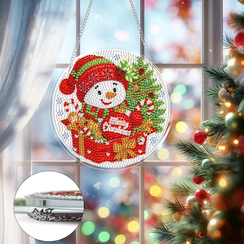 Eiflow Glass Diamond Art Hanging Kit for Adults Christmas, DIY Stained Glass Diamonds Painting Door Hanging Board Kit, Crystal Diamond Art Painting Pendant Ornament Full Drill - color: Snowman