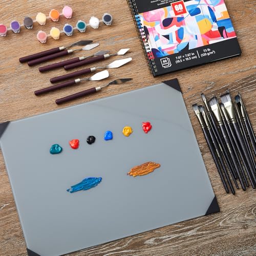 Nuanchu 20 Pcs Artist Painting Set with 16 x 12 Inches Neutral Grey Tempered Glass Palette, 12 Pcs Watercolor Brushes, Palette Knife for Oil Painting Artist Beginner DIY Color Mixing Supplies