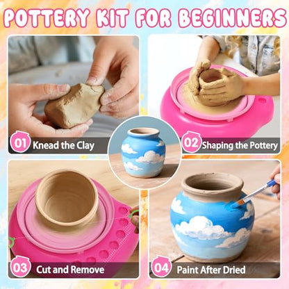Weilim Pottery Wheel for Kids Beginners, Air-Dry Clay & Paint Kit Ages 6-12 | 3 Clay Packs, 14 Paint Colors, Sculpting Tools, Brushes, Palette,Apron; Gentle Beginner Spin, USB Rechargeable, No Oven - color: Pink