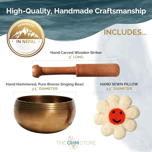 Ohm Store Pure Bronze Singing Bowl Set — Hand Crafted Tibetan Sound Bowl for Meditation and Mindfulness Practices — Little Ohmies Sprout Character Pillow for Kids, Teens, and Adults - style: Sprout