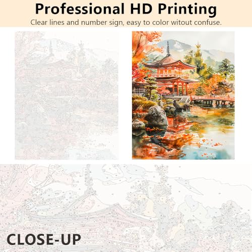 TUMOVO Adult Paint by Numbers Kit Traditional Japanese Landscape Art | Mountain & Temple Scene Art Painting with Acrylic Paints and Brushes, Proudly Display Your Creation as Wall Decor, 16x20 in - color: Landscape