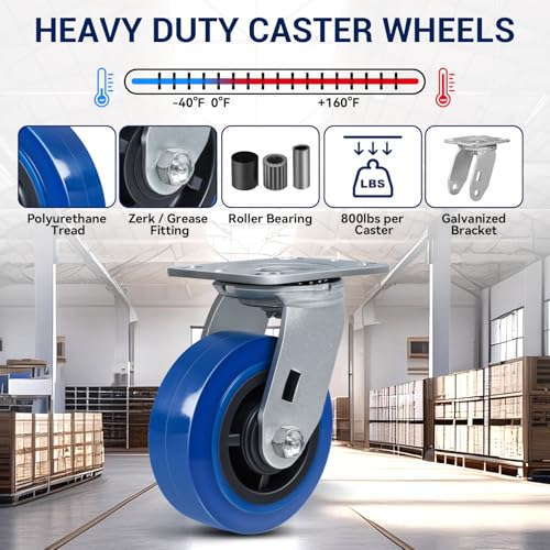 5'' X 2'' Casters, Heavy Duty Caster Wheels, Industrial Swivel Casters Set of 4 with Load 3200lbs, Polyurethane on Polyolefin Core with Roller Bearing (4 Swivel) - style: 4 Swivel