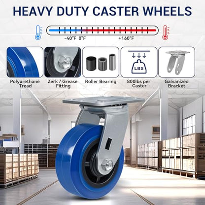 5'' X 2'' Casters, Heavy Duty Caster Wheels, Industrial Swivel Casters Set of 4 with Load 3200lbs, Polyurethane on Polyolefin Core with Roller Bearing (4 Swivel) - style: 4 Swivel