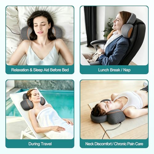 3-in-1 Neck Massager Pillow with Heat, Massage and Traction Stretching, Cervical Neck Shoulder Massager for Pain Relief, Deep Tissue, Ergonomic Design Pillow for Women/Men Home Office Use(Gray)
