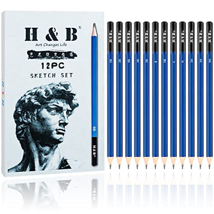 H & B 12 PCS Pencil Drawing Kit, H-4H, F, HB, B-6B Graphite and Charcoal Sketch Pencil Set for Beginners, Professional Artists - size: 12 Count (Pack of 1)