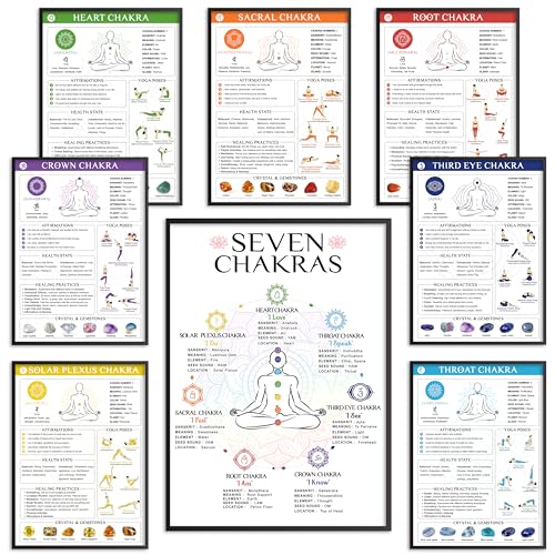 8pcs Chakra Poster (10"x14"), Yoga Poses Poster for Beginner, Spiritual Gifts for Women, 7 Chakra Decor Wall Art For Yoga Studio, Meditation Corner, Reiki Room Home Decorations