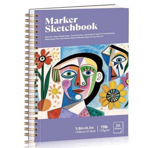 5.8 × 8.3 in Marker Paper Sketchbook, Spiral Bound Acid-Free Paper | 120gsm Drawing Paper, Anti-Bleed Double Sided Sheets, Lays Flat, Tear-Out Pages, for Markers, Pens & Acrylics - size: 5.8×8.3 Inch (1 Pack)