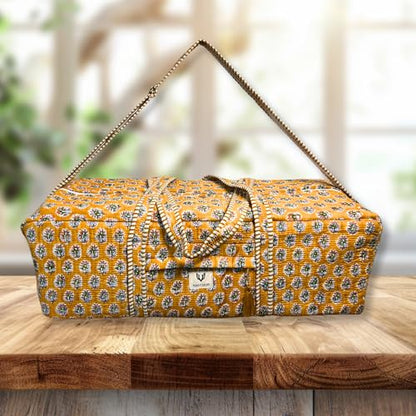 Large Capacity Handblock Printed Yoga Mat bag for Women, Gym Bag, Fits Yoga Blocks, Adjustable strap, Pilates, Gym, Fitness Block & Gear, Light and Durable - color: Marigold Earth
