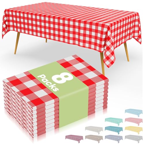 Smiry 8 Packs Gingham Disposable Table Cloth, 54 x 108 Inch Waterproof Plastic Tablecloth, Rectangle Red and White Checkered Table Covers for Picnic, Party, Birthday, Banquet - color: Red and White, size: 54"x108" (Pack of 8)