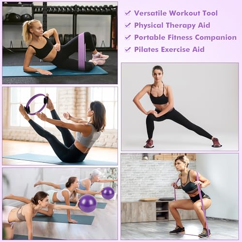 Goocrun Pilates Ring Set Exercise Equipment, with Exercise Resistance Bands Set, Pilates Ball, Sliding Disks. Portable Home Gym - with Fitness Guide Poster - color: Purple, size: Mid-level