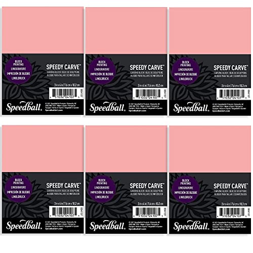 Speedball 3 in. x 4 in. Speedy-Carve Linocut Block (6-Pack) - Premium Pink Rubber Linoleum Carving Blocks for Printmaking, Printing, and Stamp Making