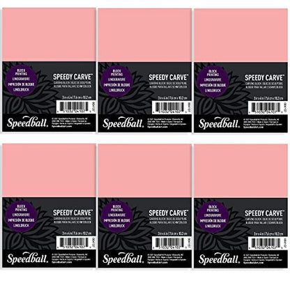 Speedball 3 in. x 4 in. Speedy-Carve Linocut Block (6-Pack) - Premium Pink Rubber Linoleum Carving Blocks for Printmaking, Printing, and Stamp Making